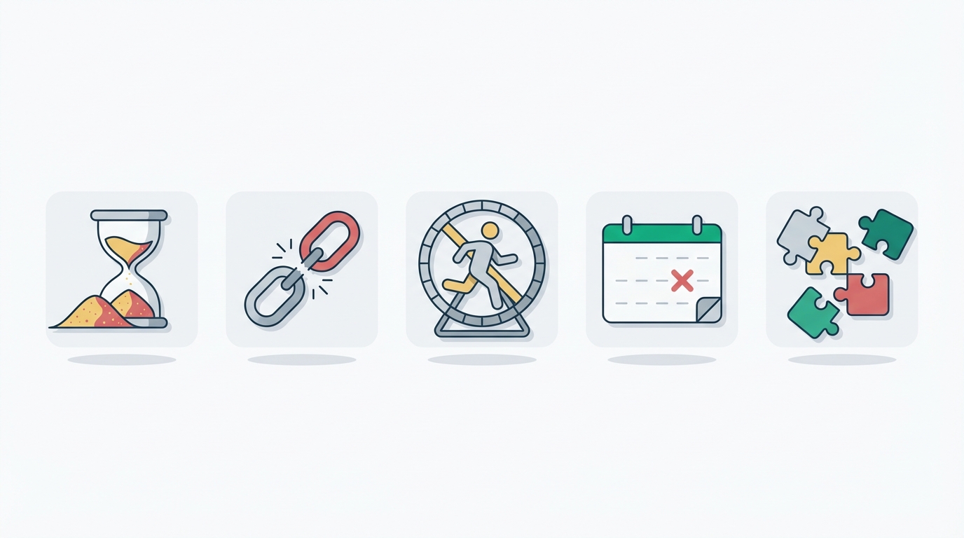 Five business icons in a row: hourglass in sand, broken chain, hamster wheel runner, calendar with X, scattered puzzle pieces