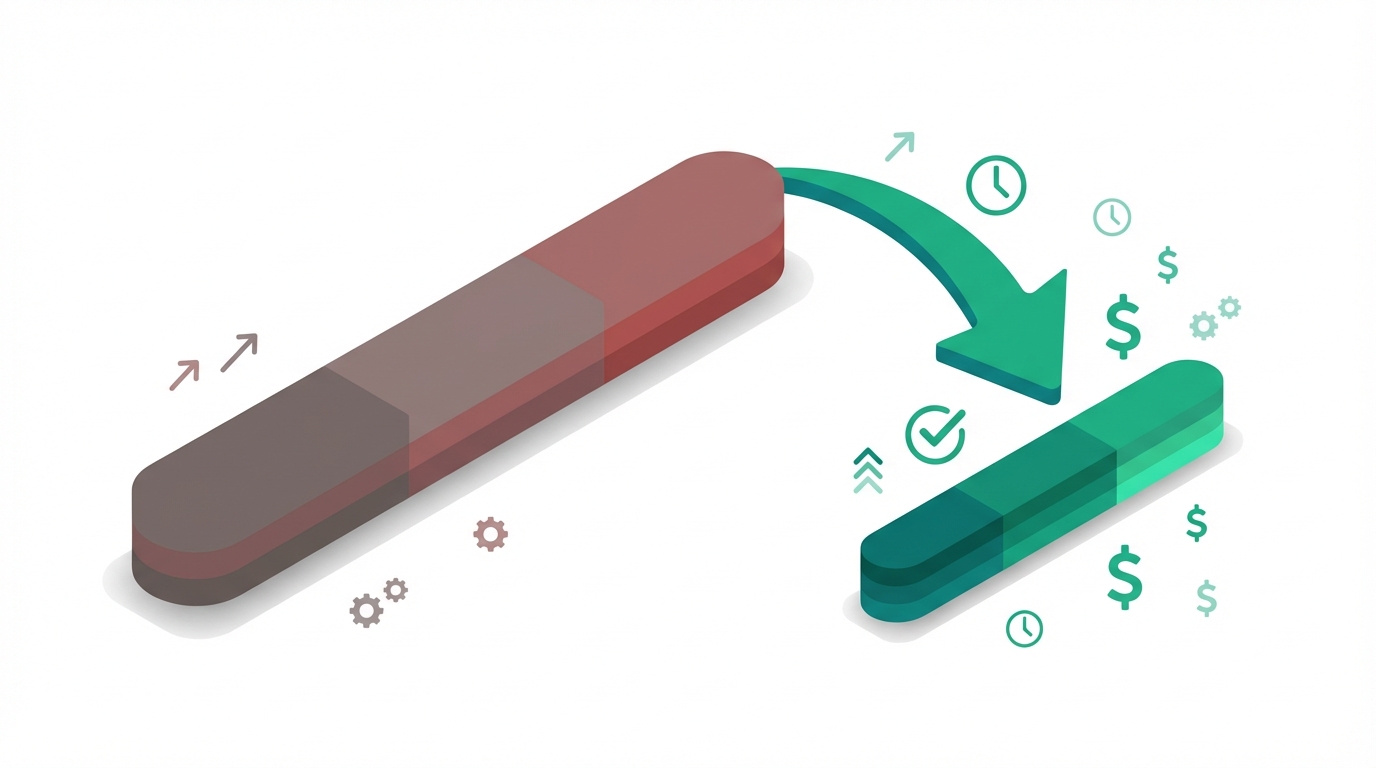 Infographic showing cost comparison between two bars with icons representing time savings, accuracy, and cost reduction