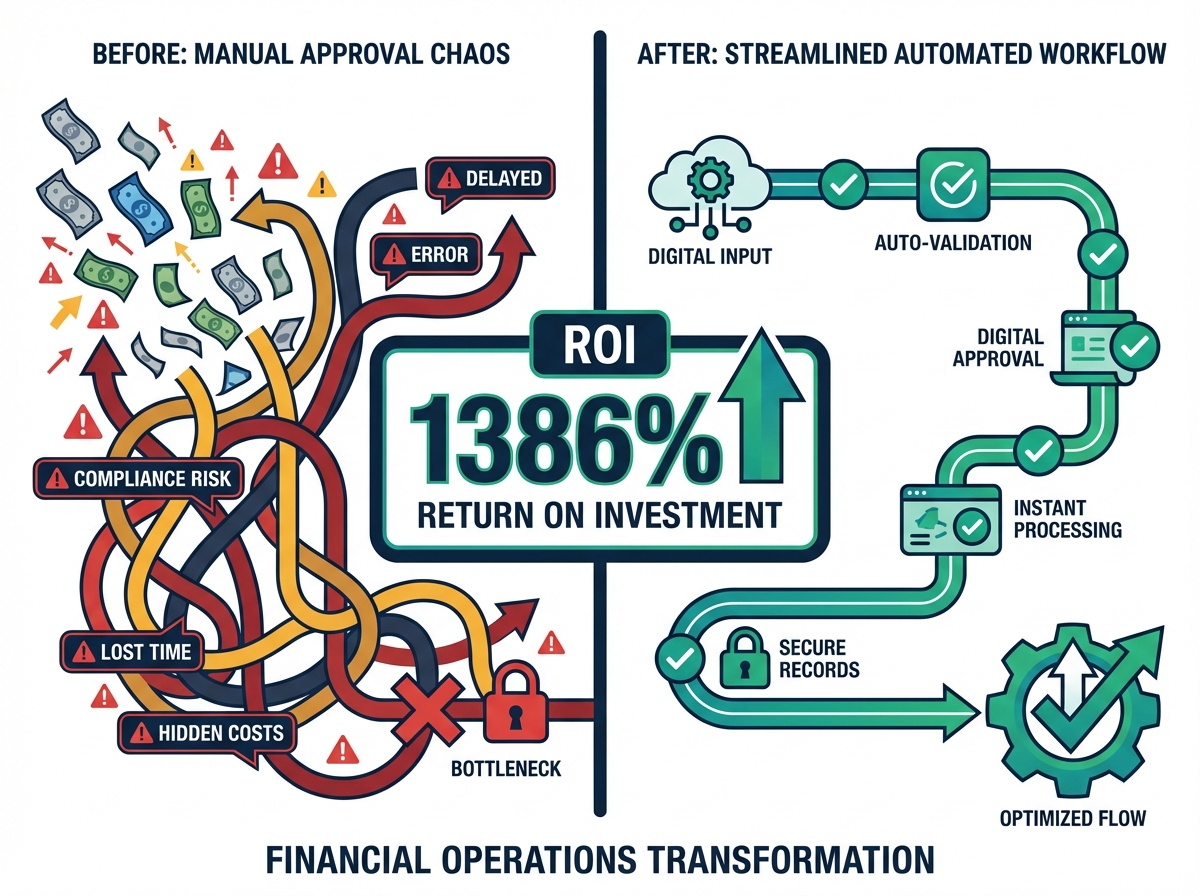 Before and after infographic showing 1386% ROI improvement from manual to automated approval workflows