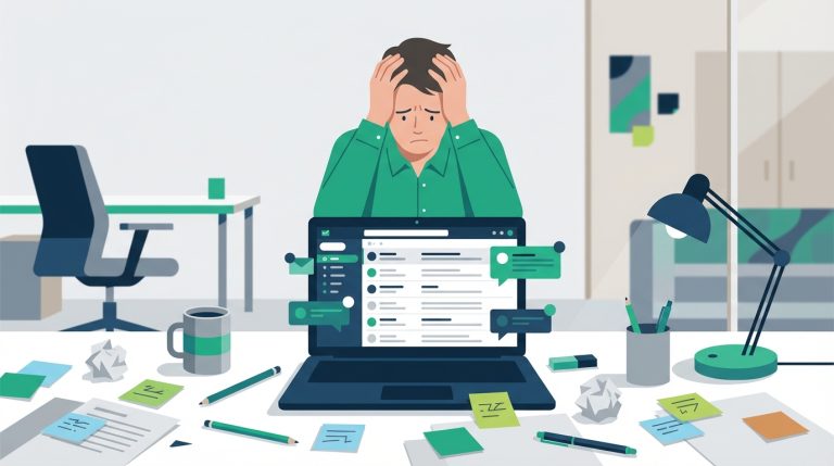 Frustrated professional at cluttered desk with overflowing email inbox on laptop, scattered papers and sticky notes