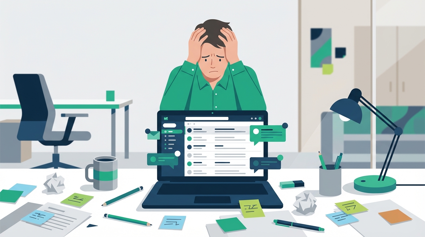 Frustrated professional at cluttered desk with overflowing email inbox on laptop, scattered papers and sticky notes