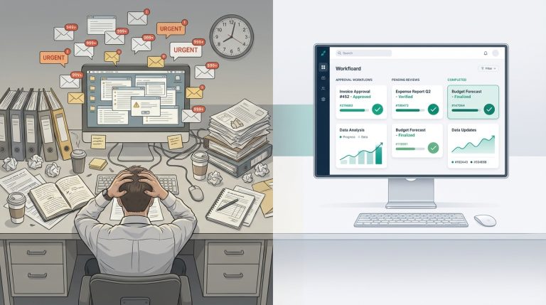 Split illustration contrasting cluttered desk with stressed worker on left versus clean organized approval dashboard with green checkmarks on right