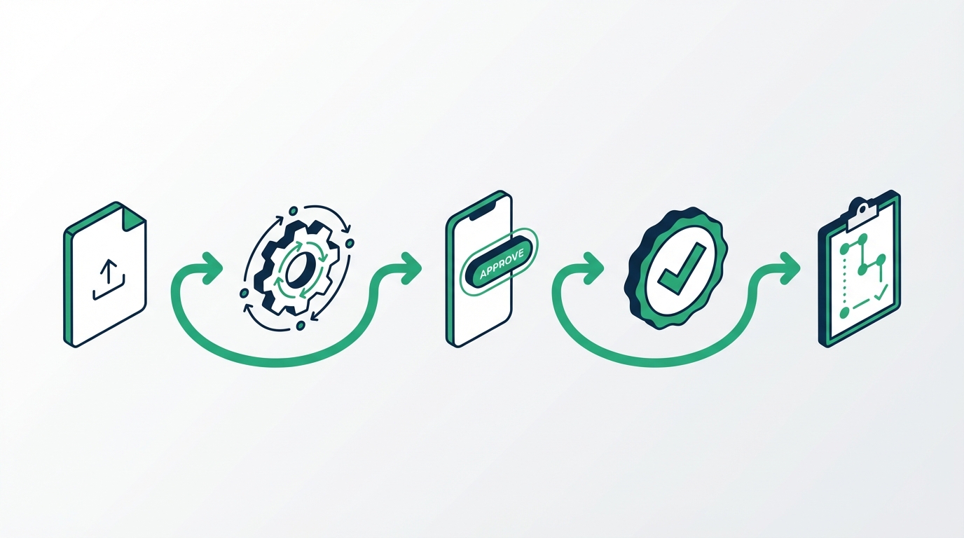 Workflow diagram showing five-step automated approval process: submit, route, approve via mobile, confirm, and audit trail