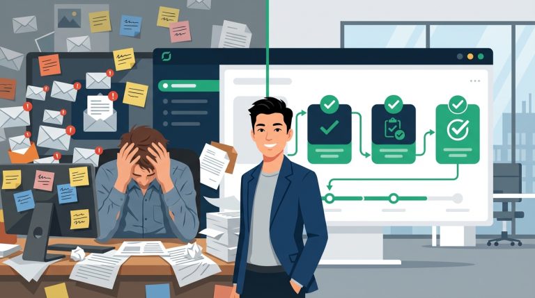 Split-screen illustration comparing cluttered desk chaos with organized approval dashboard showing workflow efficiency