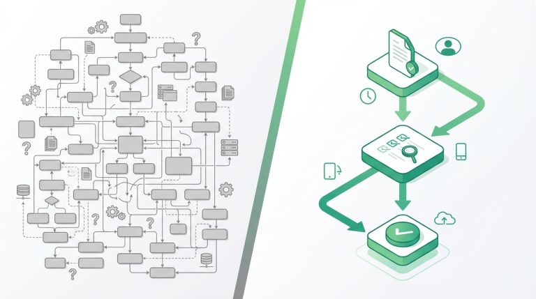 Split-screen illustration comparing complex enterprise workflows on left with simple ApproveThis approval flow on right