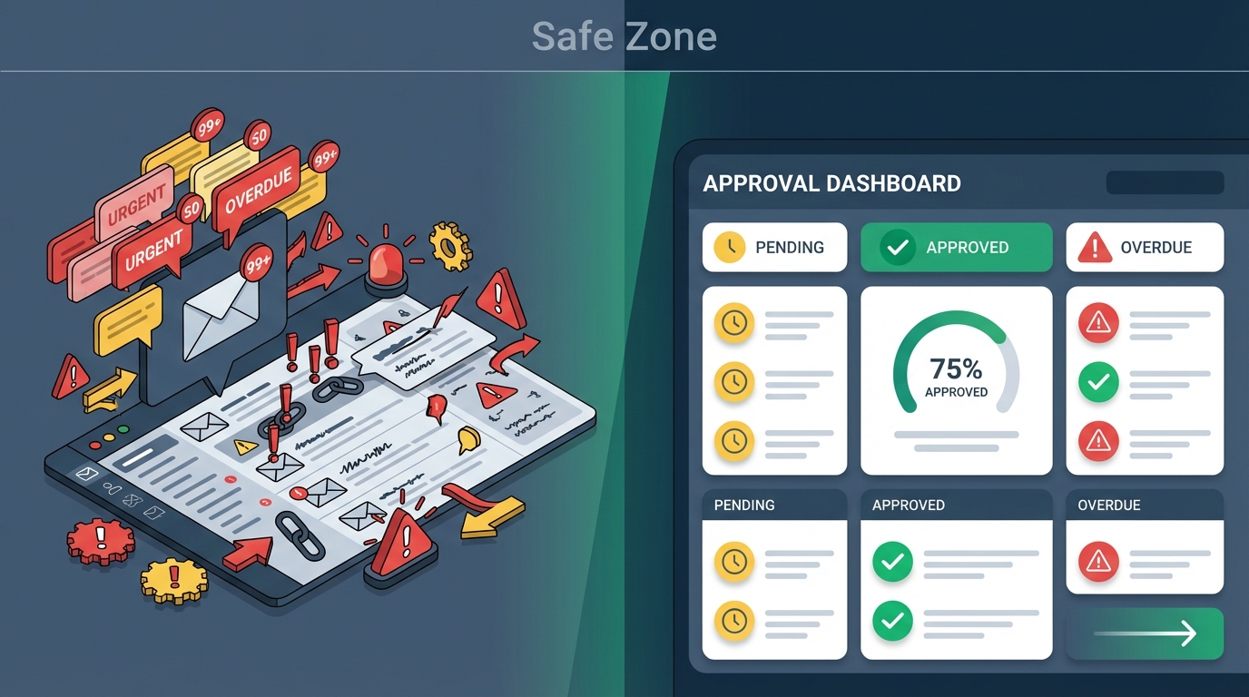 Split-screen showing chaotic email inbox with notifications contrasted against organized approval dashboard with status indicators