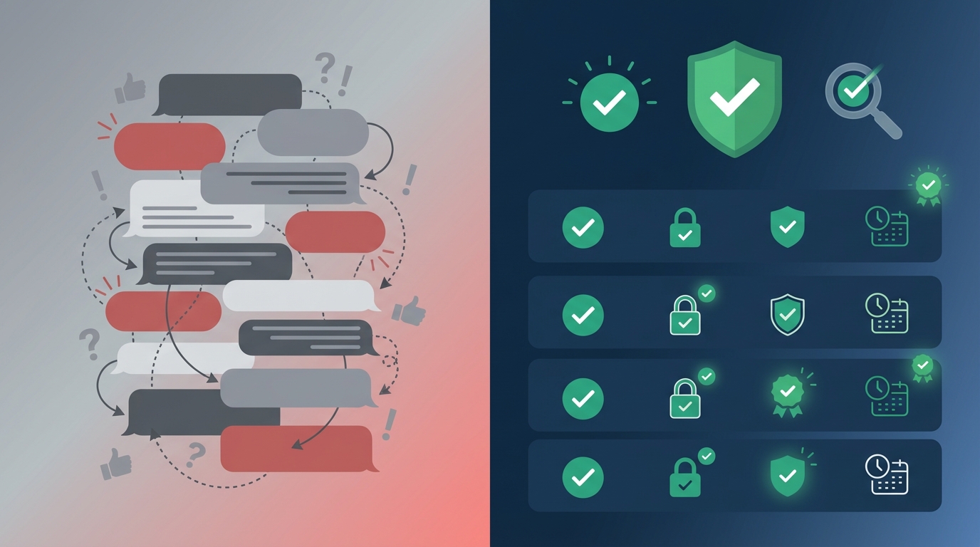 Comparison illustration: chaotic email thread with scattered icons versus organized audit trail with checkmarks and structured data