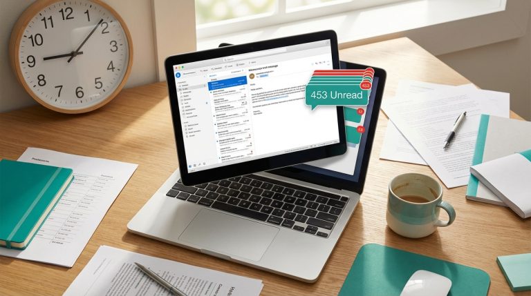Modern office desk with laptop showing overflowing email inbox, wall clock, scattered papers, and coffee cup in morning light