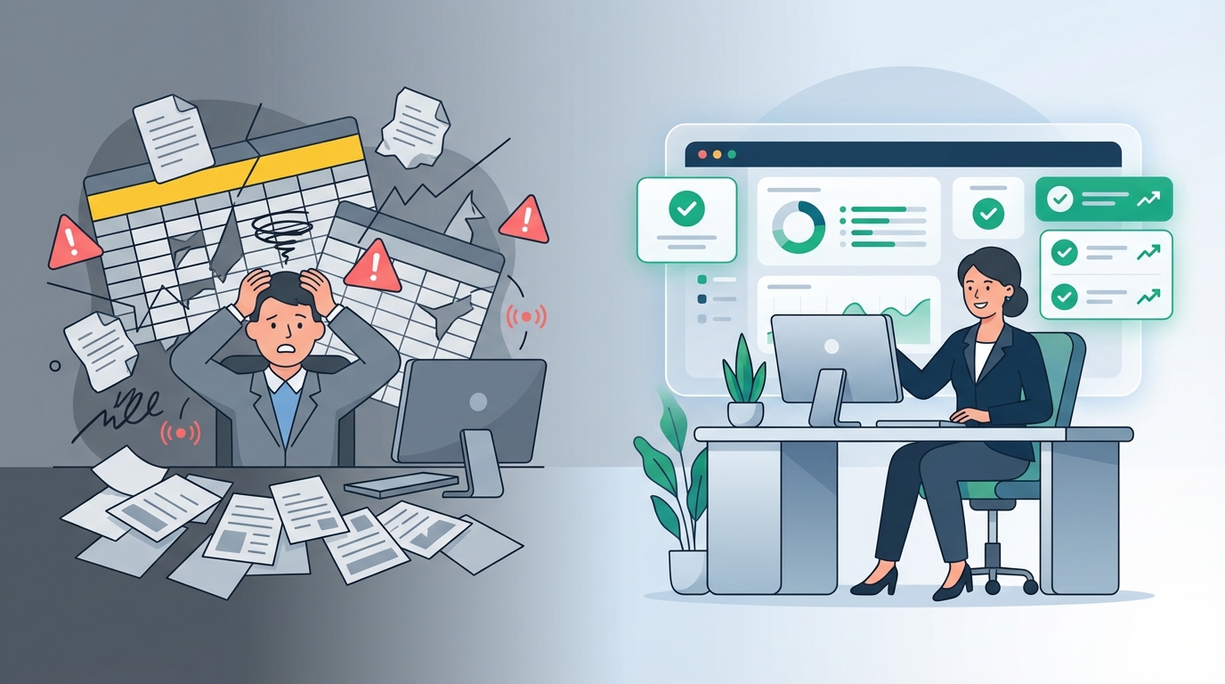 Split-screen illustration comparing spreadsheet chaos with warning icons versus organized approval dashboard with green checkmarks