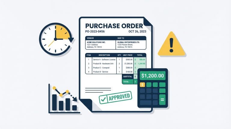 Illustration of purchase order document with calculator surrounded by icons representing hidden costs: clock, warning sign, and declining chart