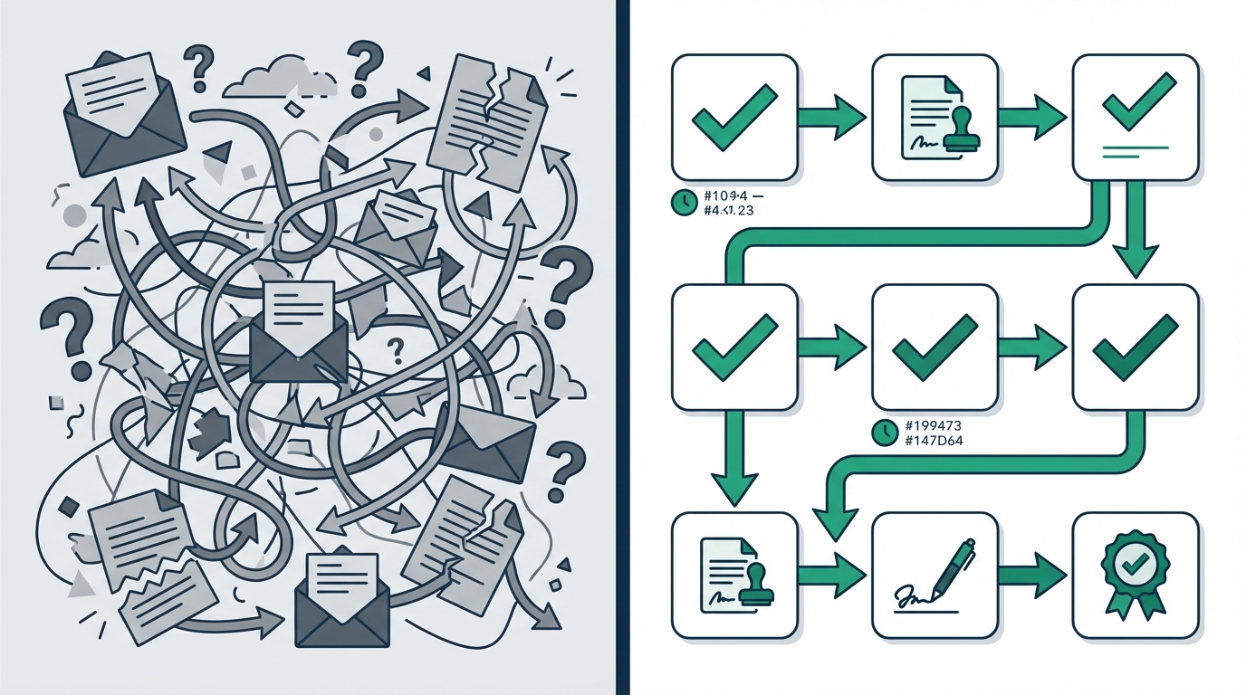 Split-screen illustration comparing chaotic email threads on left with organized approval workflow checkmarks on right