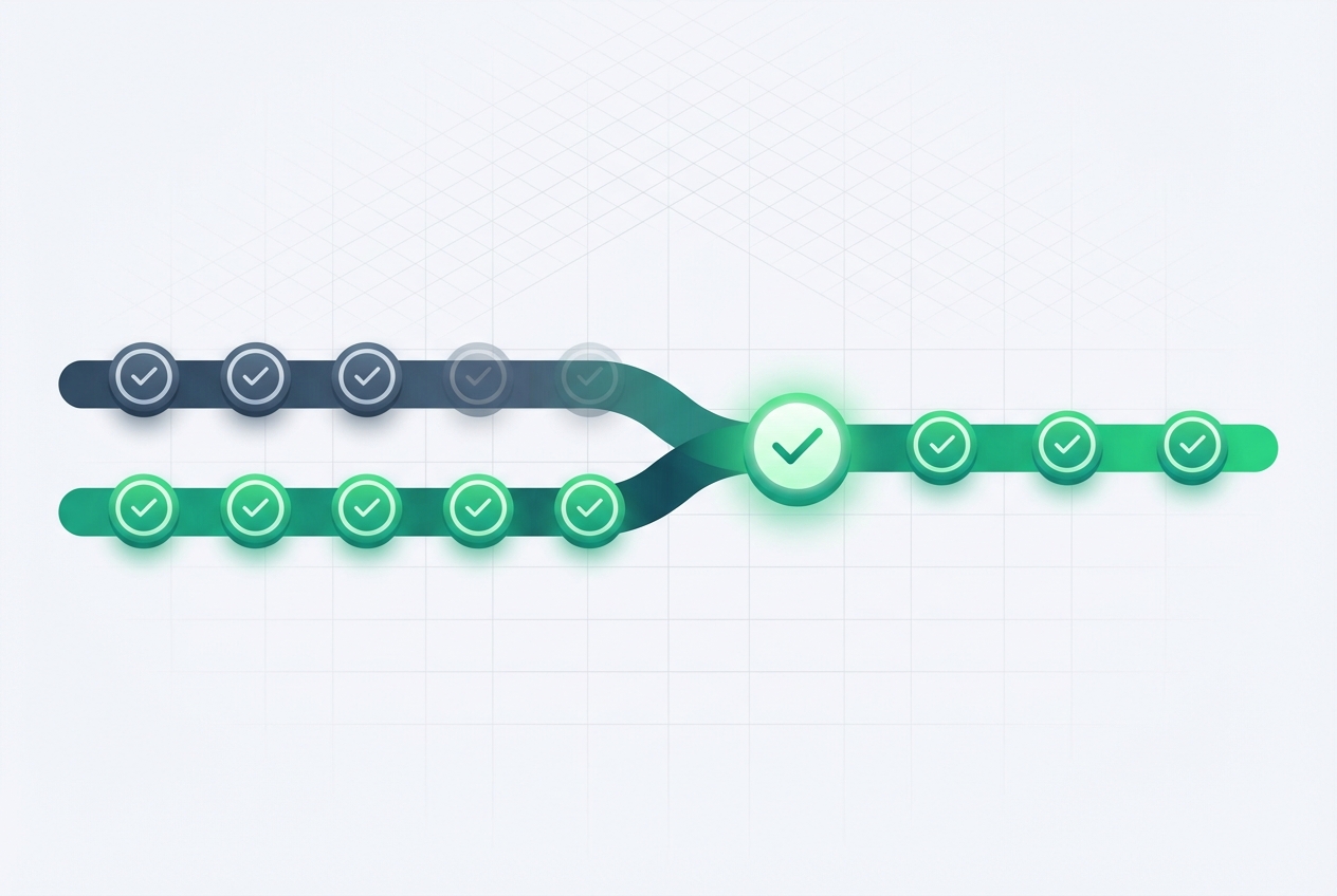 Timeline infographic showing two parallel workflow tracks merging into one streamlined path, illustrating a smooth migration transition