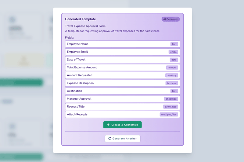 Modal showing a generated form template