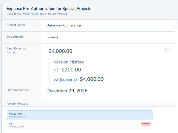 Side-by-side version comparison view showing Version 1 and Version 3 of a vendor contract, with highlighted differences — additions in green, removals in strikethrough — and version metadata showing who changed what and when.
