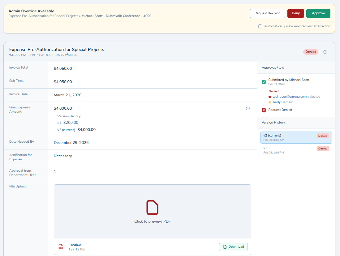 Page showing request revision process.