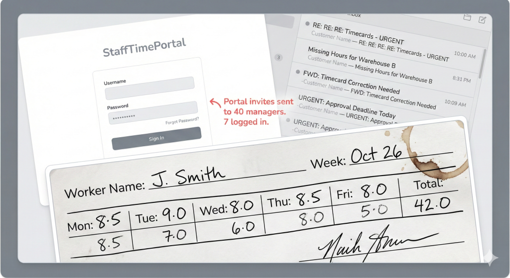 A messy desk full of all the possible ways you could approve a timecard today.