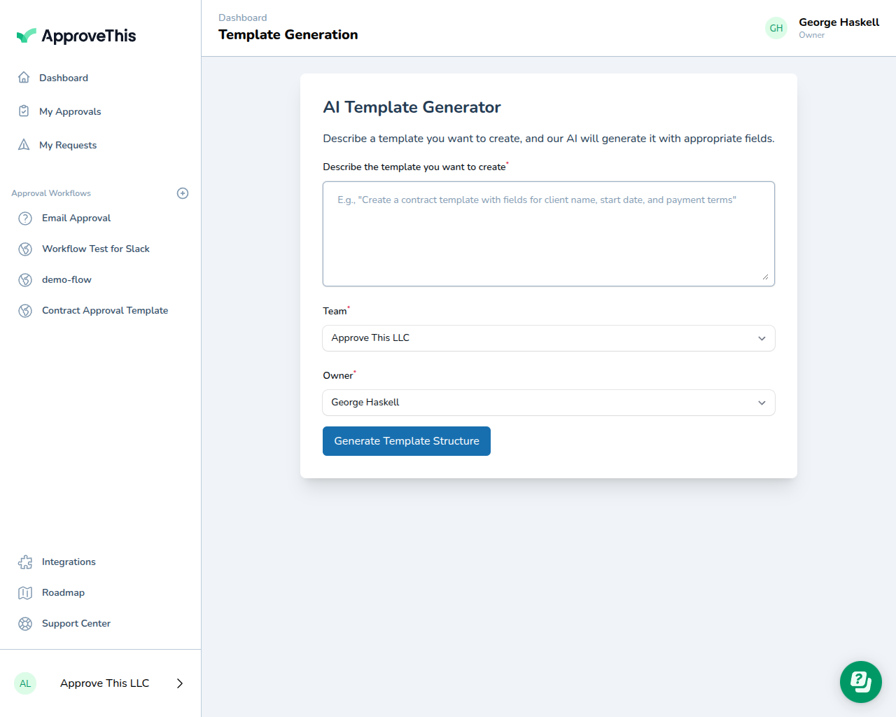 AI Template Generator interface showing the clean form with description field