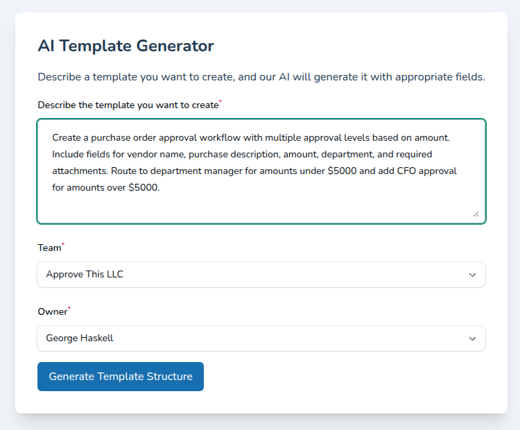 AI Template Generator with filled purchase order approval workflow description
