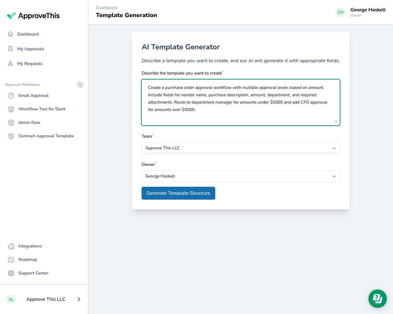 AI Template Generator with a filled description for purchase order approval workflow