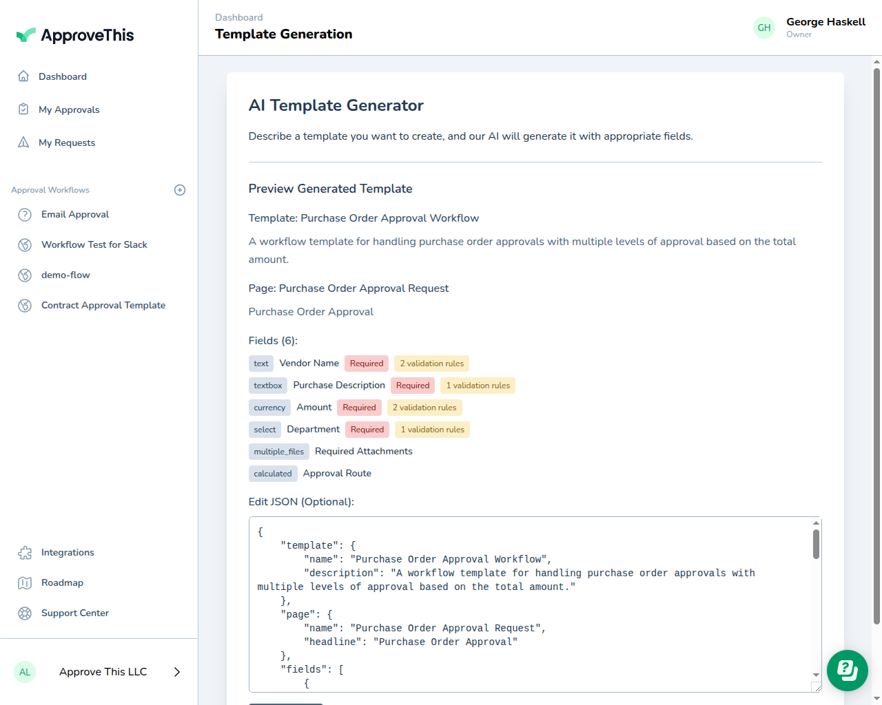 Preview of the generated template showing fields and structure