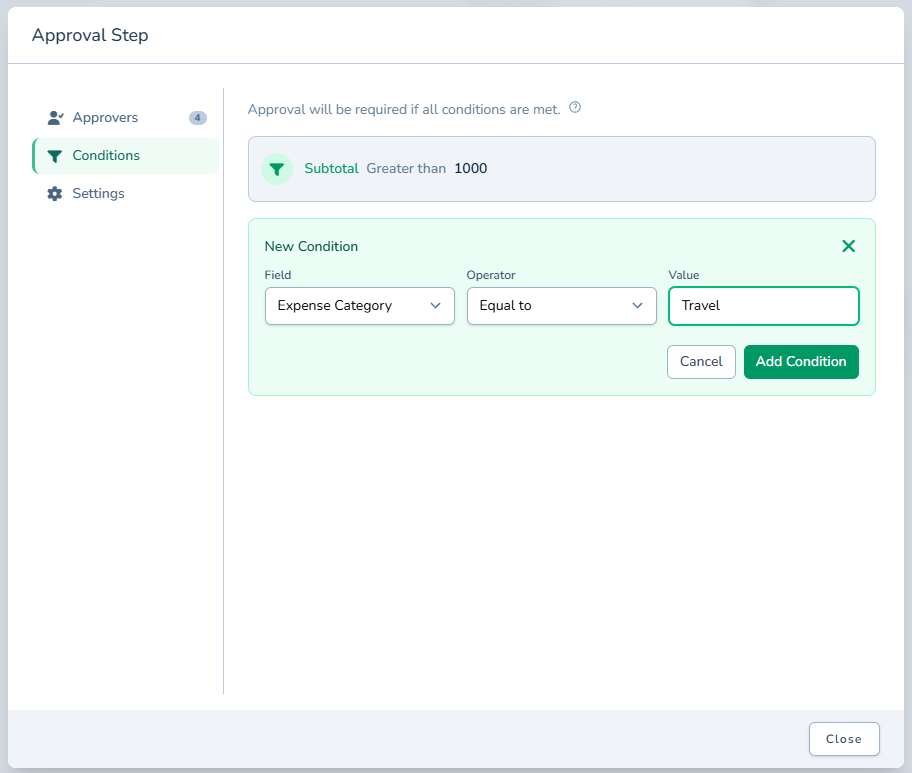 An approver lookup table showing threshold rules: amounts over $10,000 route to CFO, amounts between $5,000 and $10,000 route to VP Finance, with regional assignment rows and a default fallback row.