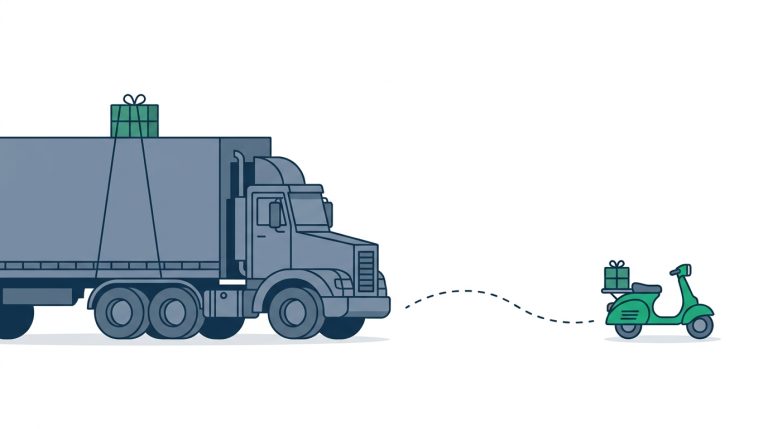 Oversized gray semi-truck and small green scooter each carrying the same tiny package, linked by a dashed route line