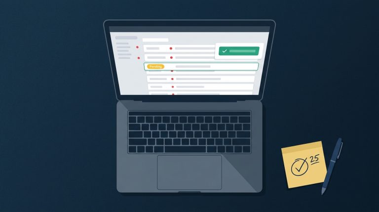 Overhead semi-flat illustration of a laptop showing an overflowing inbox of urgent approval requests with a green Pending accent