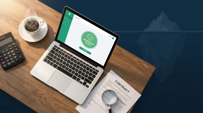 Overhead view of desk with laptop showing green approved dashboard, calculator, coffee, contract, magnifier, and faint iceberg motif